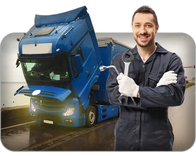 a person holding a tool in front of a blue truck