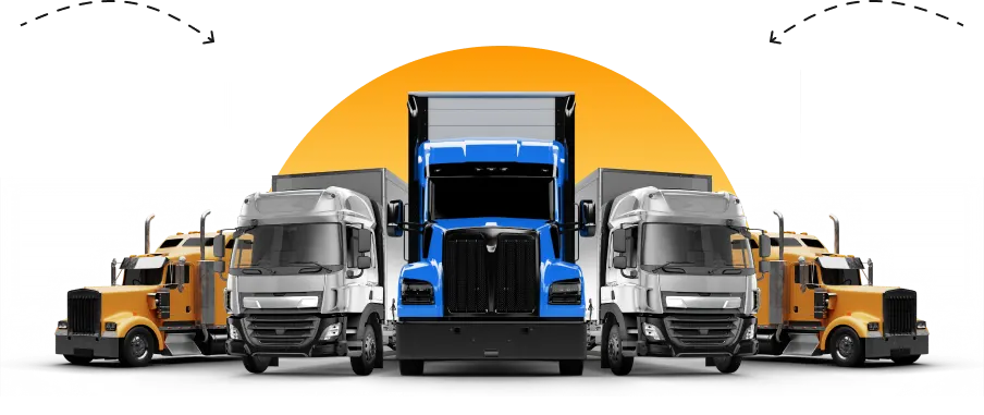 a group of trucks parked in front of a blue circle