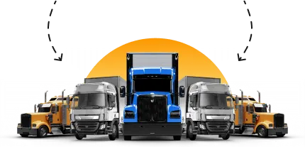 a group of trucks parked in front of a blue circle